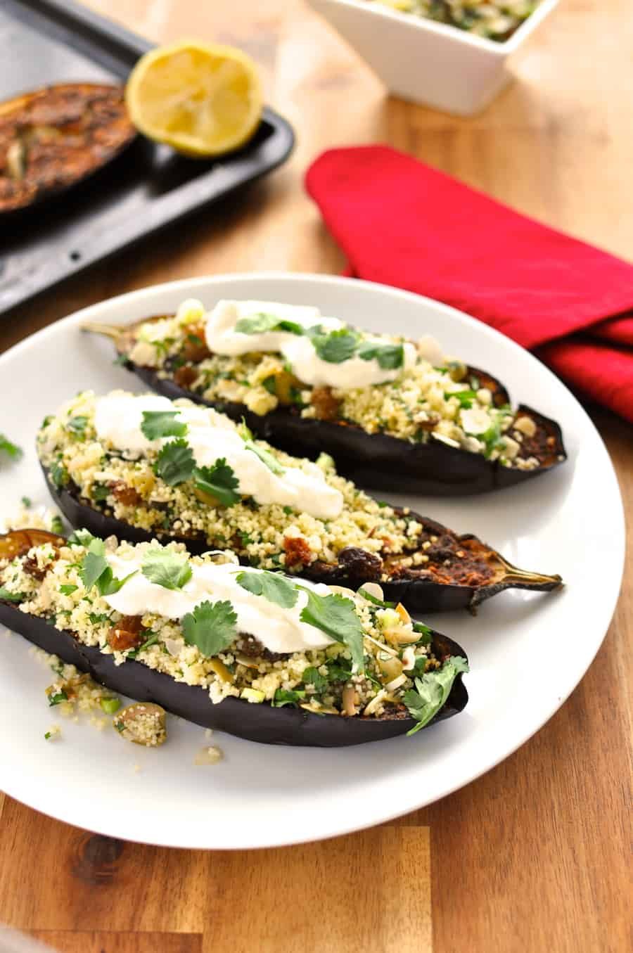 Middle Easter Roasted Eggplant with Couscous - 15 min prep for this fragrant, melt-in-your-mouth aubergine with fresh couscous.