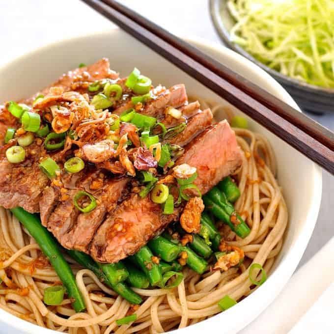 Soba with Green Beans and Beef in a bowl with chopsticks