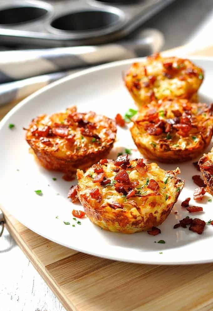 Cheese and Bacon Muffin Tin Hash Browns on a white plate