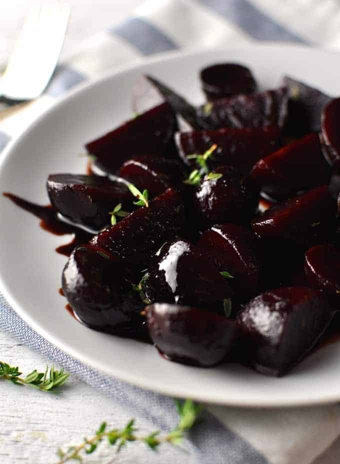 Closeup of balsamic glazed beetroots