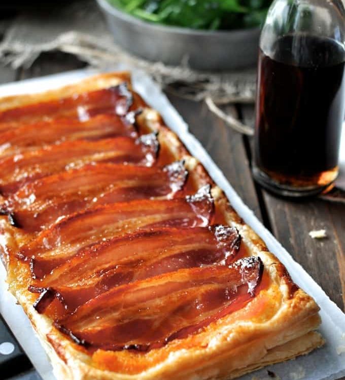 Bacon Tart fresh out of the oven, ready to be cut and served.