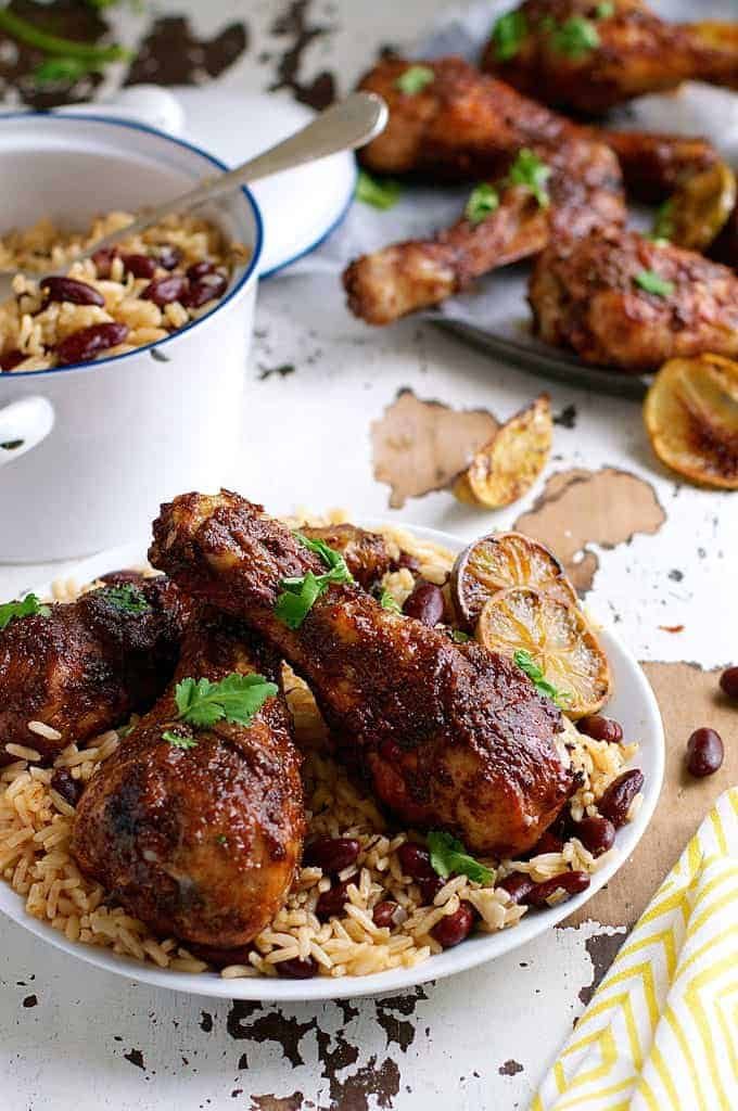 Jamaican Jerk Chicken Drumsticks and Caribbean Rice with Red Beans - the strong, spicy flavours of this chicken is the best from the Caribbean! Easy to make with everyday ingredients.