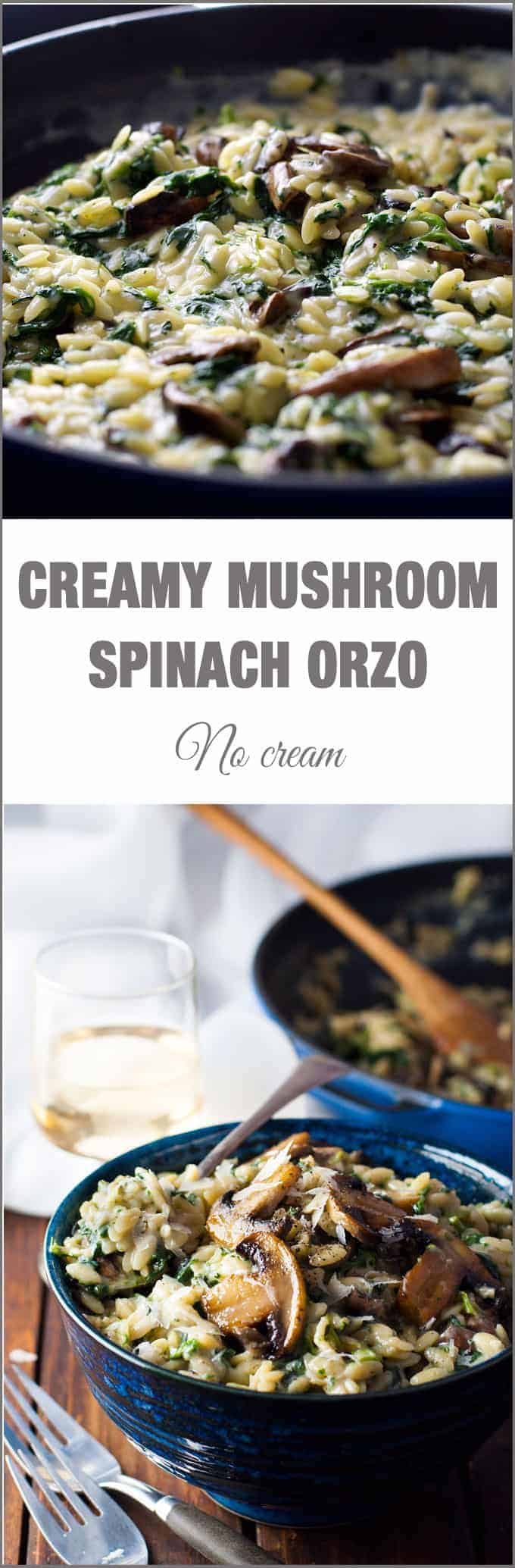 Spinach & Mushroom Creamy Orzo (Risoni) - all made in one pan, so creamy (but no cream!) . A fabulous meat free meal!