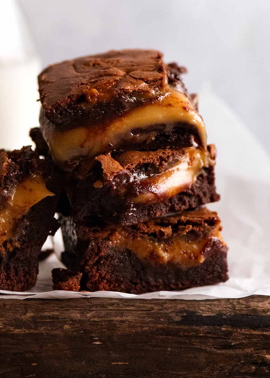 Close up of stack of Caramel Brownies