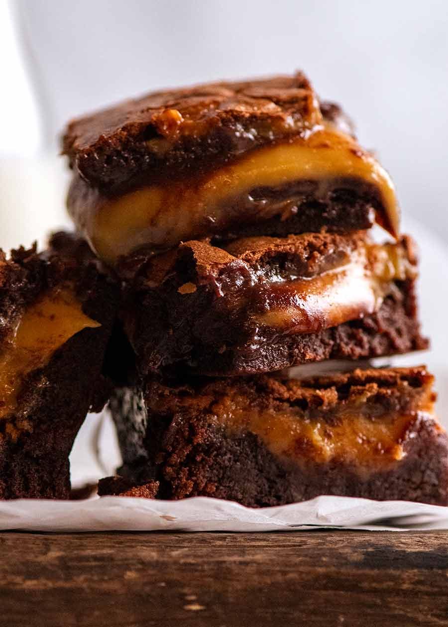 Close up of stack of Caramel Brownies