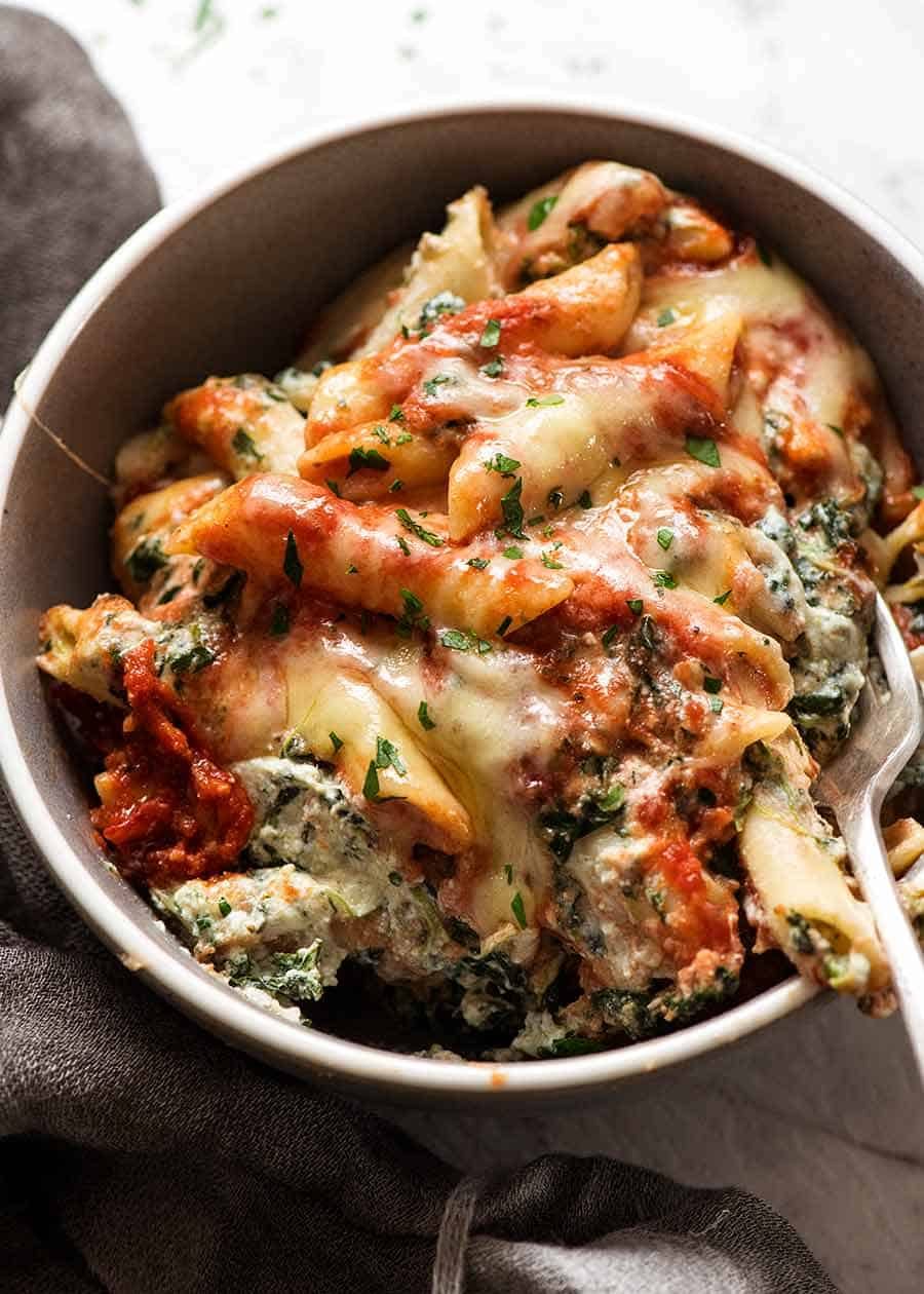 Bowl of Spinach Ricotta Pasta Bake, ready to be eaten