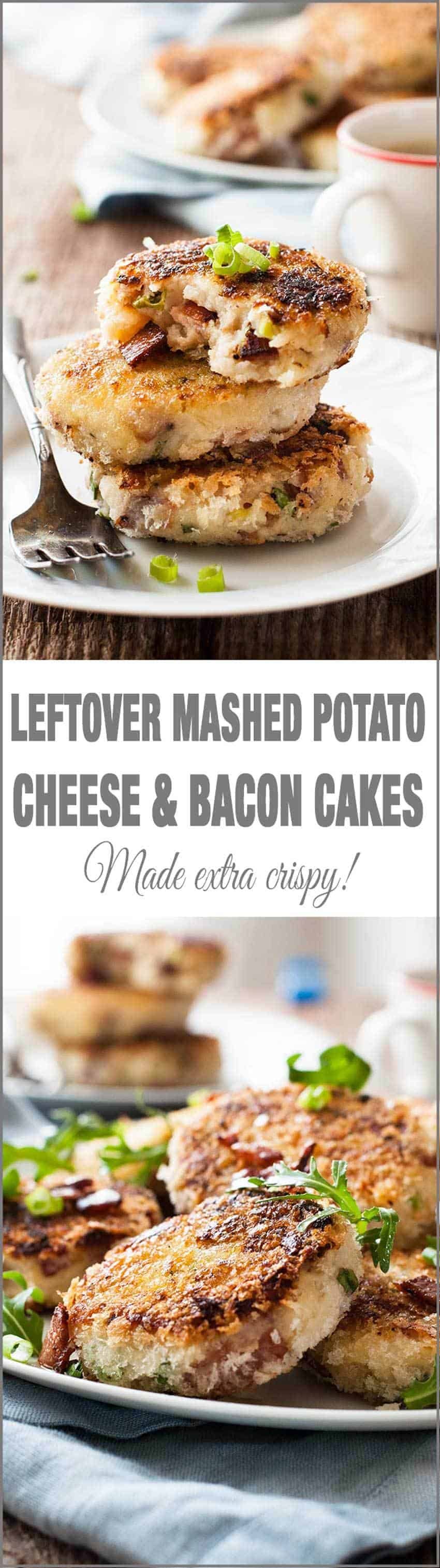 Leftover Mashed Potato Cheese & Bacon Cakes - Irresistible way to transform leftover mashed potato! Made extra crispy with panko. #thanksgiving #leftovers