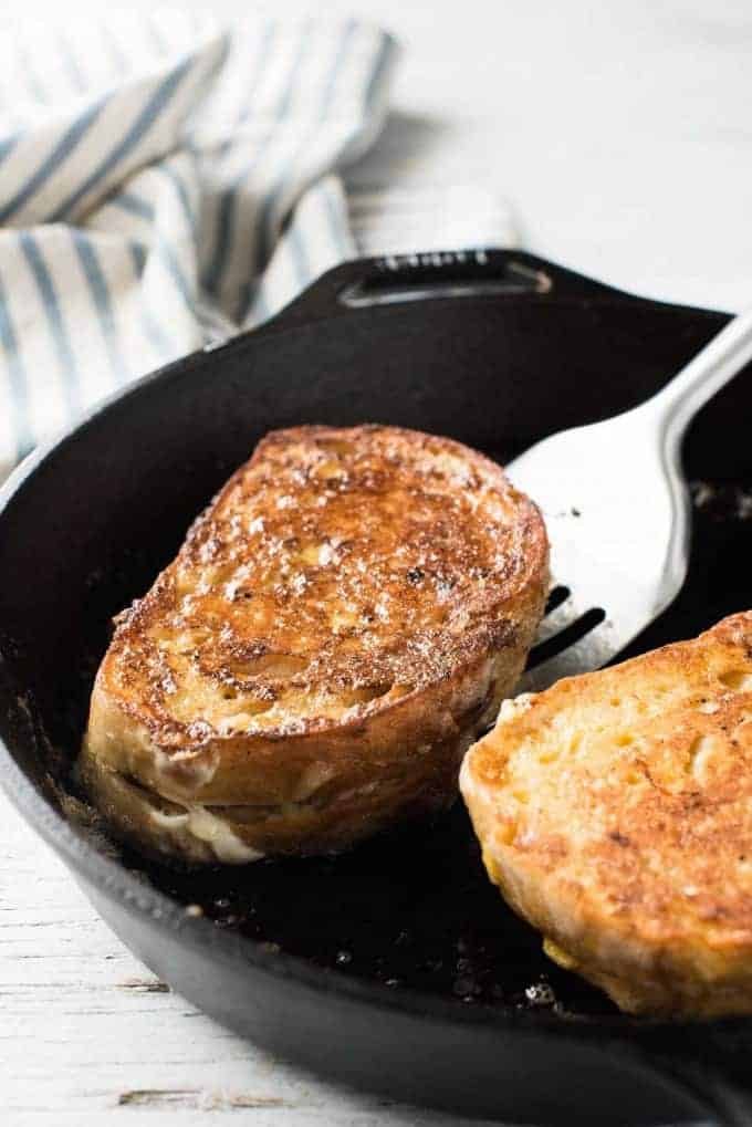 Monte Cristo Sandwich in a black skillet