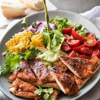 Chicken Salad with Avocado Dressing, with tomatoes, corn, lettuce and onion