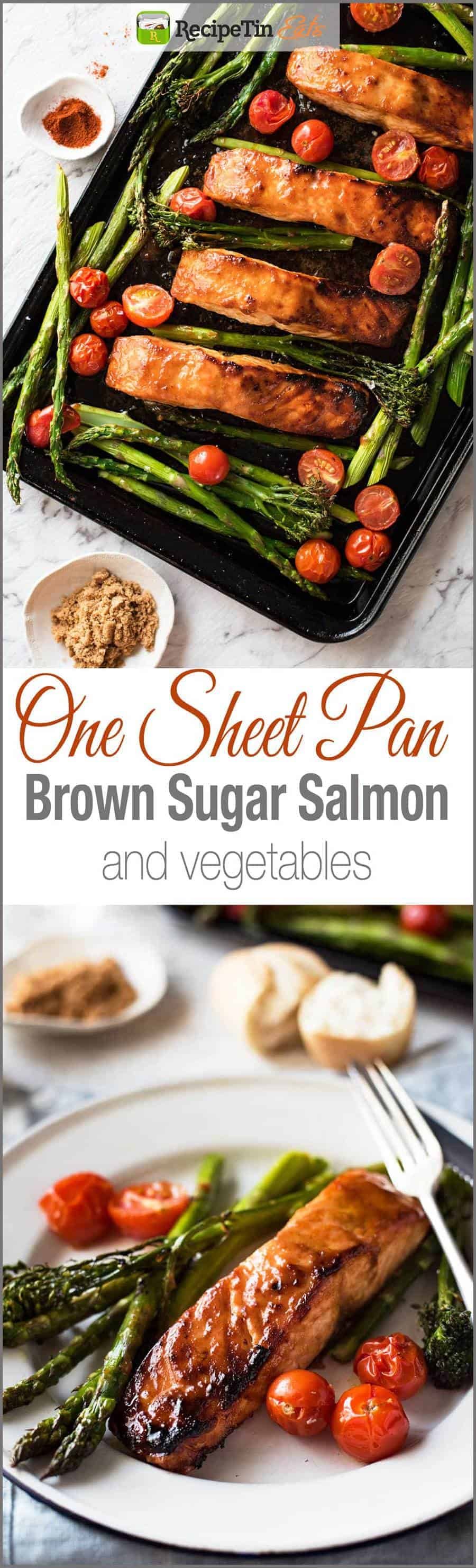 One Sheet Pan Brown Sugar Salmon & Vegetables - The glaze taste incredible and this whole dinner is ready in 15 minutes flat!