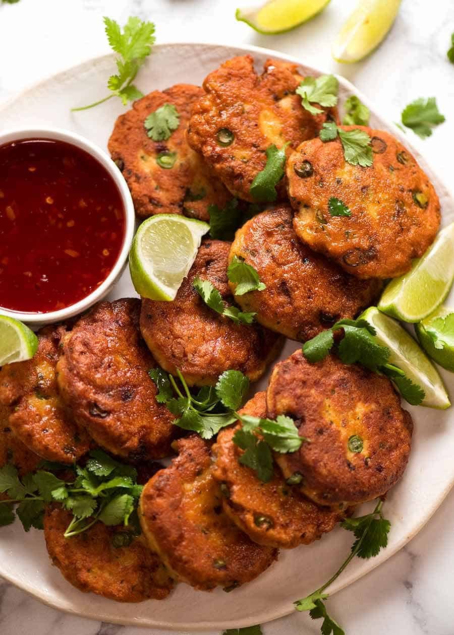 Overhead photo of Thai Fish Cakes on a white plate