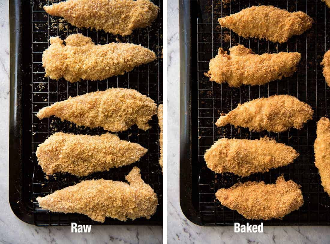 A comparison of raw and cooked Oven Fried Chicken Tenders on a black tray.