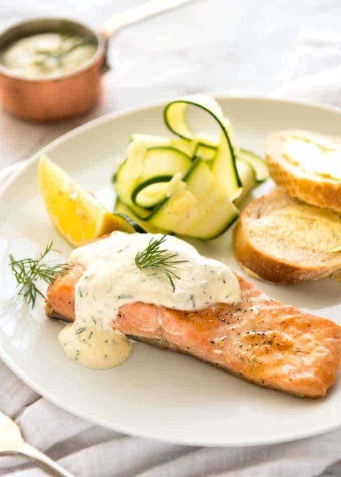 Creamy Dill Sauce for Salmon or Trout - A simple, refreshing sauce that pairs beautifully with rich salmon. Dinner on the table in 15 minutes! www.recipeteineats.com