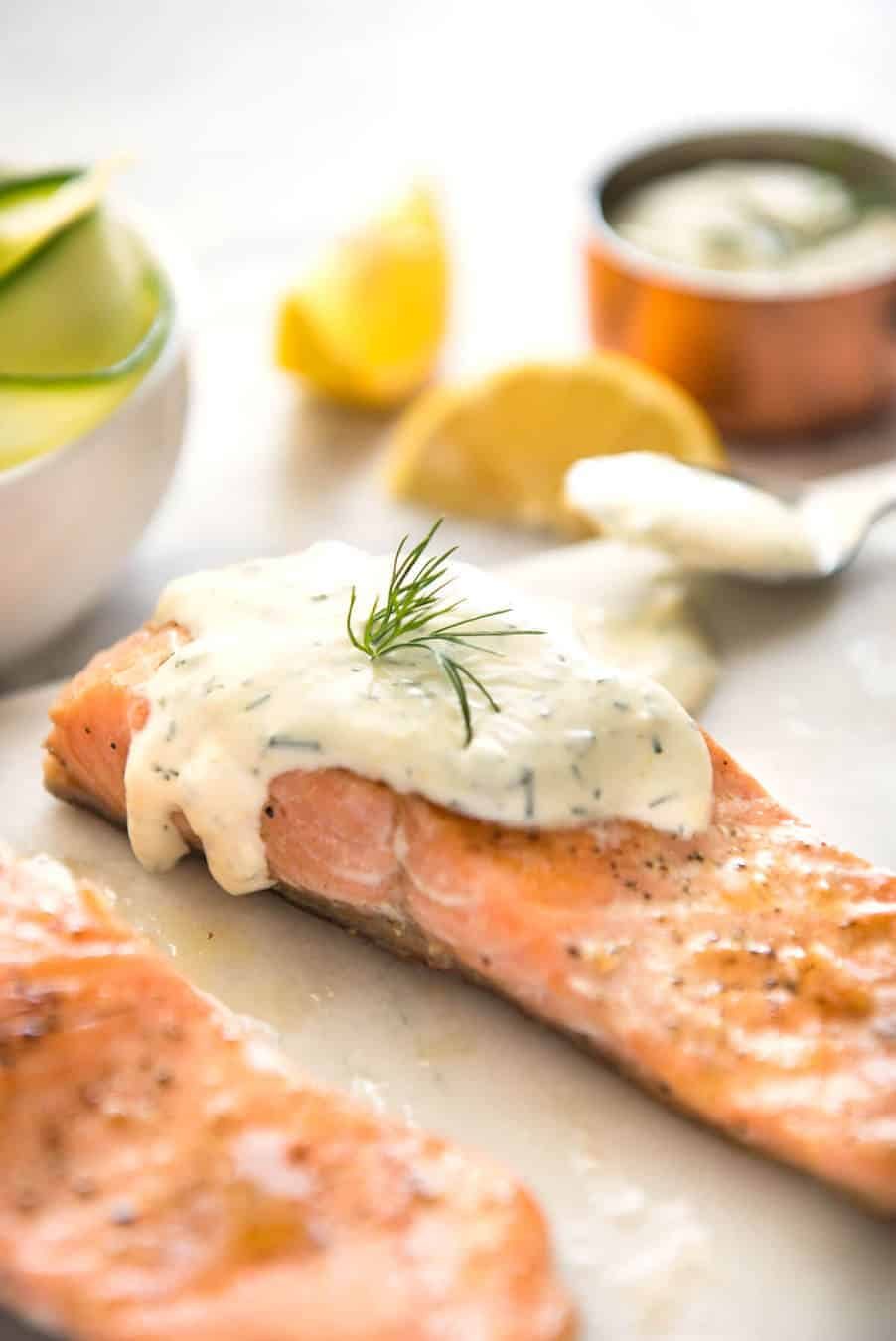 Creamy Dill Sauce with Salmon or Trout - A simple, refreshing sauce that pairs beautifully with rich salmon. Dinner on the table in 15 minutes! www.recipeteineats.com
