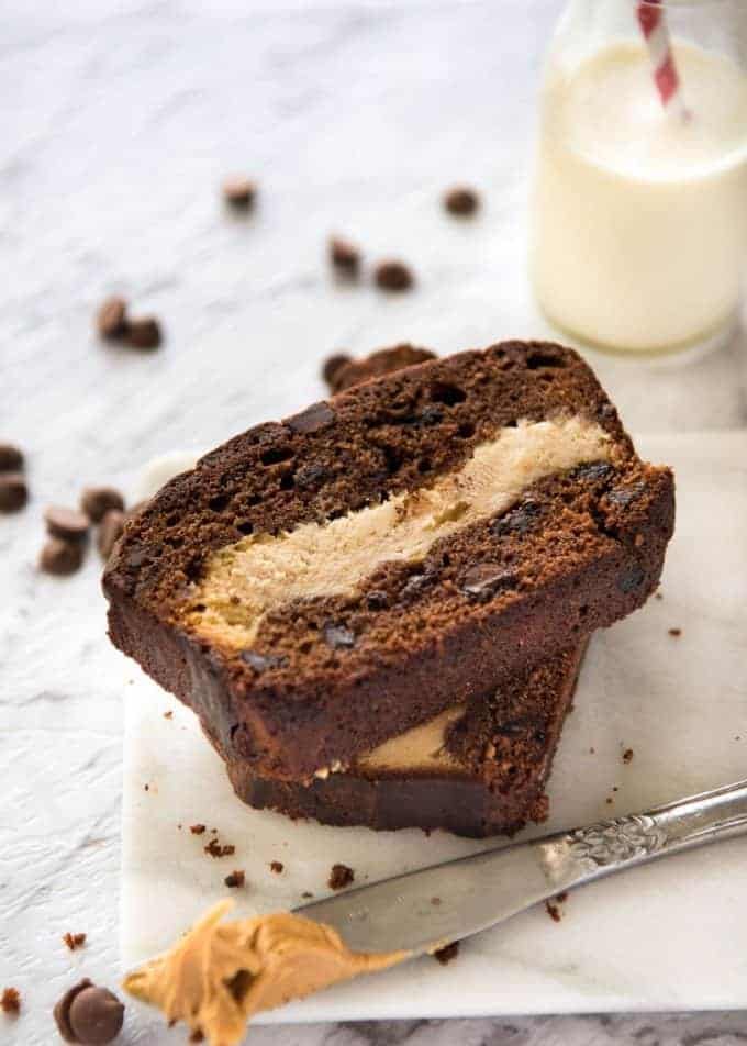 Peanut Butter Cheesecake Stuffed Chocolate Loaf - Moist chocolate quick bread stuffed with creamy peanut butter cheesecake. It's your dream come true! recipetineats.com