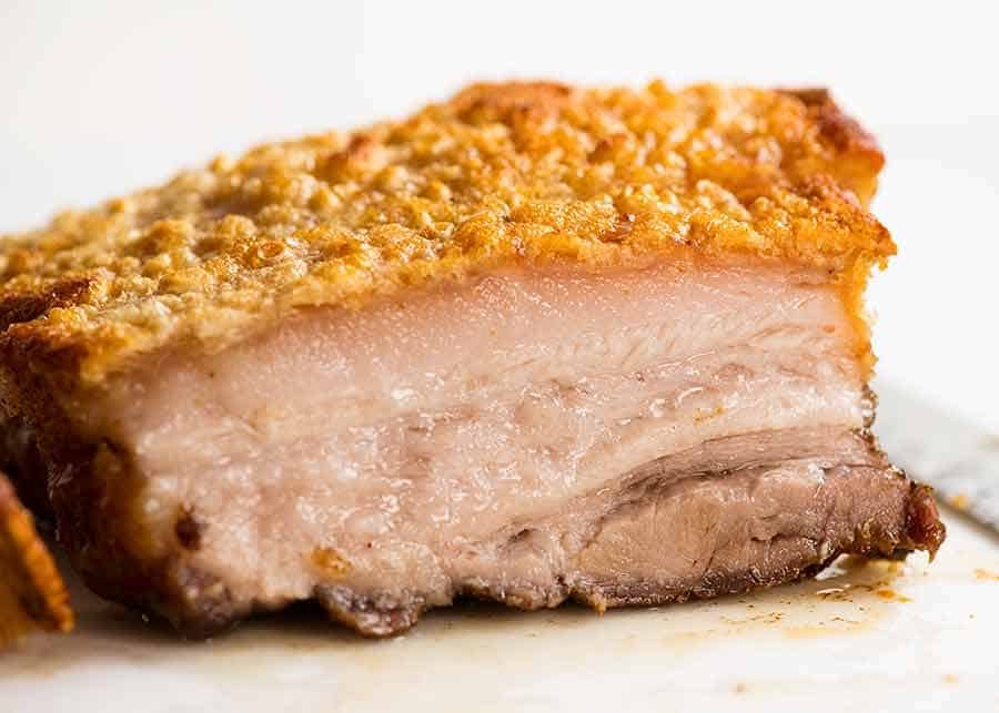 Close up of sliced Chinese Crispy Pork Belly with the best crackling in the world