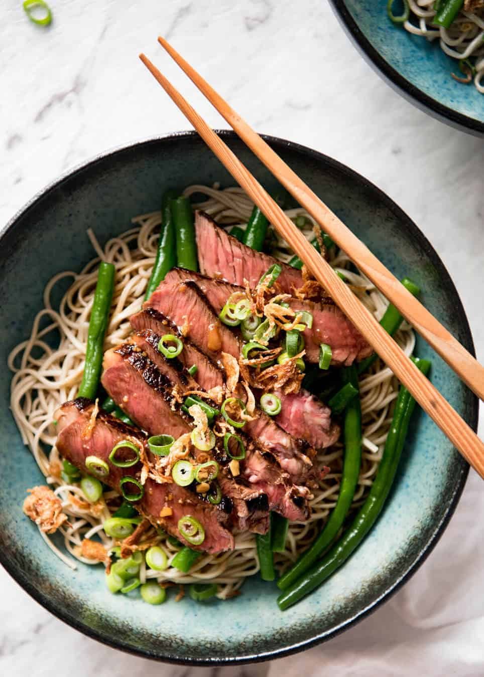 Beef Soba Noodles with chopsticks