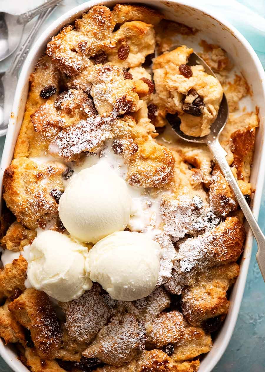 Bread and Butter Pudding with ice cream, fresh out of the oven ready to be served