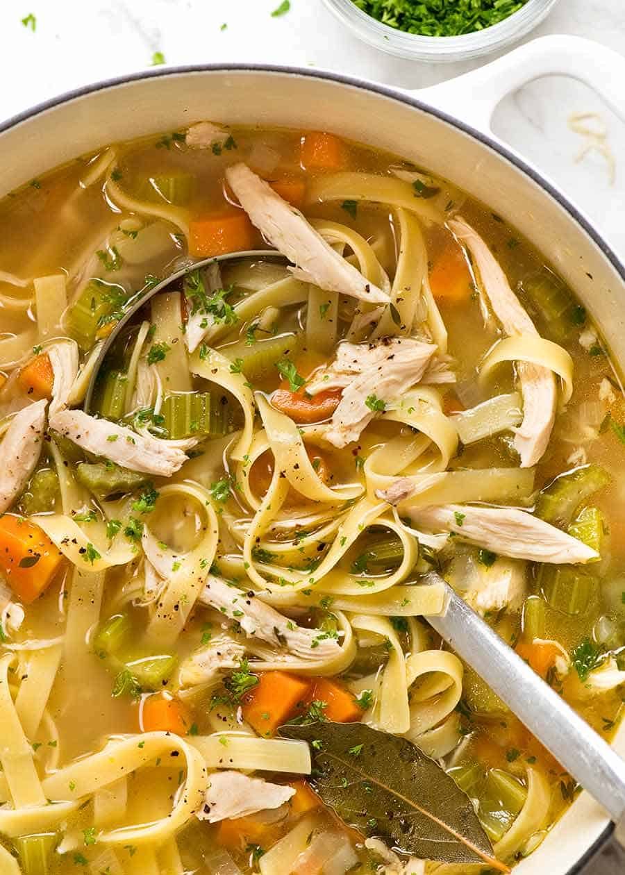 Close up of Chicken Noodle Soup from scratch in a pot, ready to be served