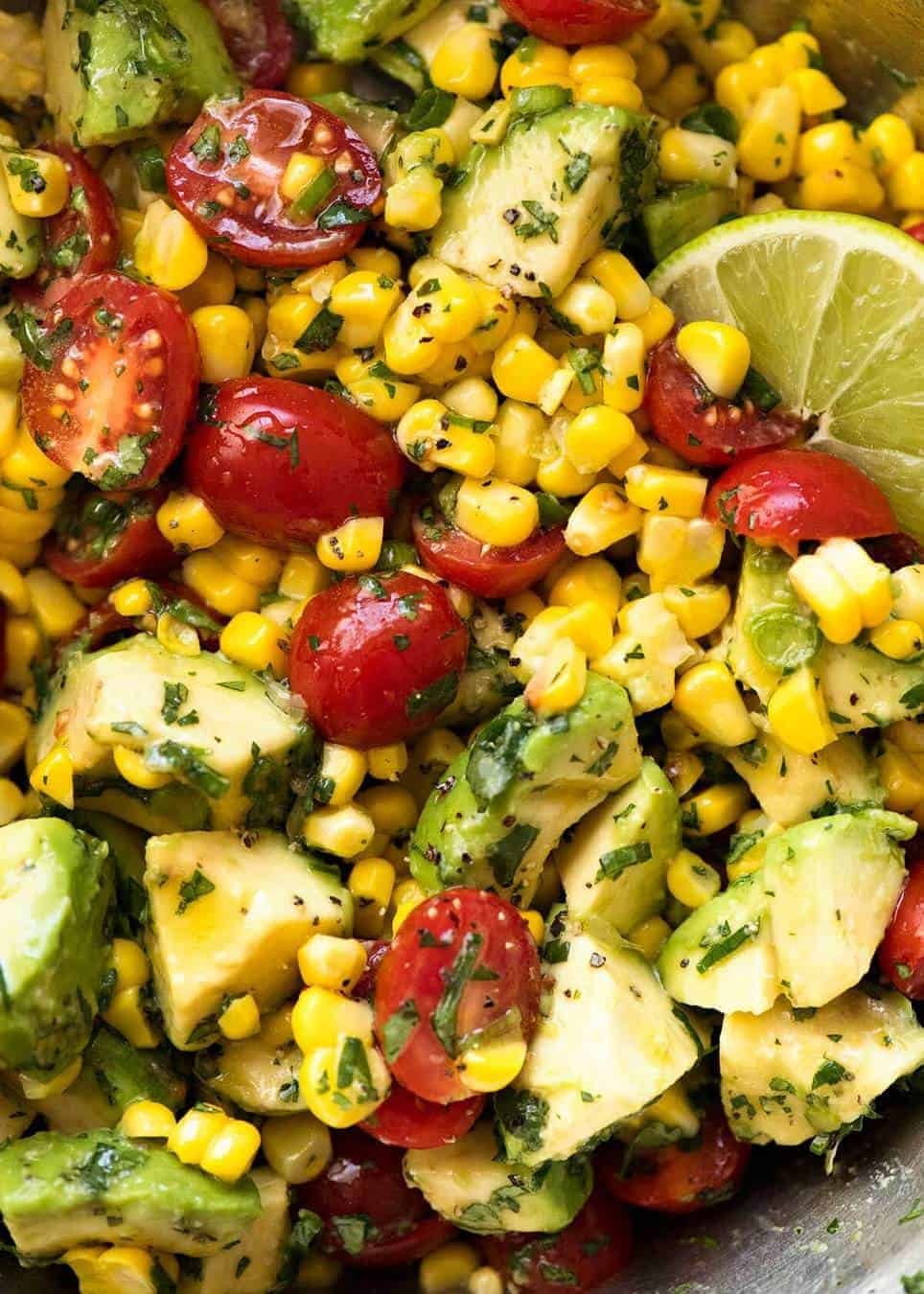 Close up of Corn Salad with Avocado with a Lime dressing