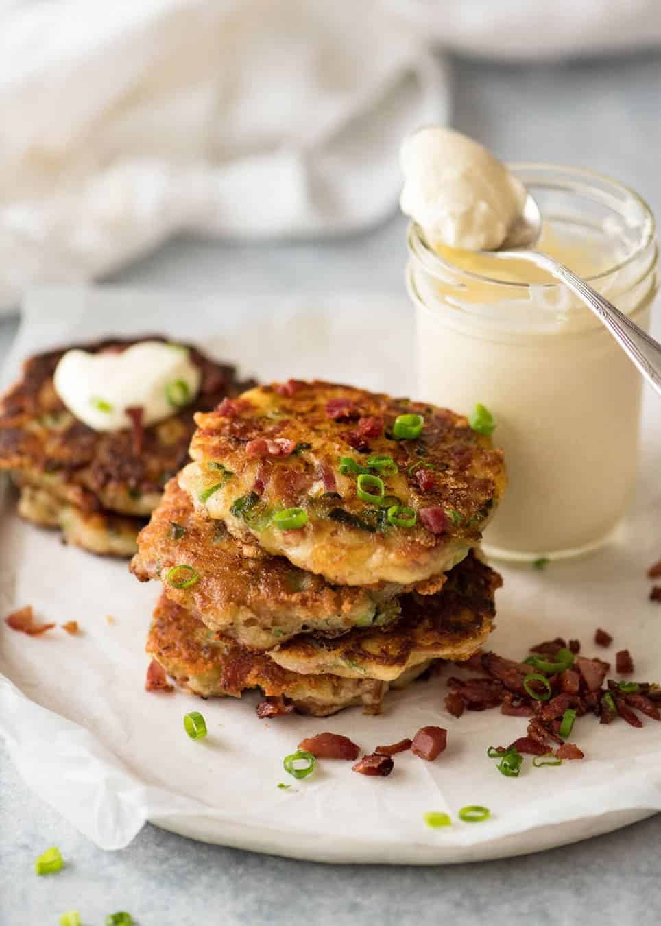 Cheese and Ham Pancakes - golden crispy cheesy outsides, fluffy insides with pops of ham (or bacon). These are epic! www.recipetineats.com