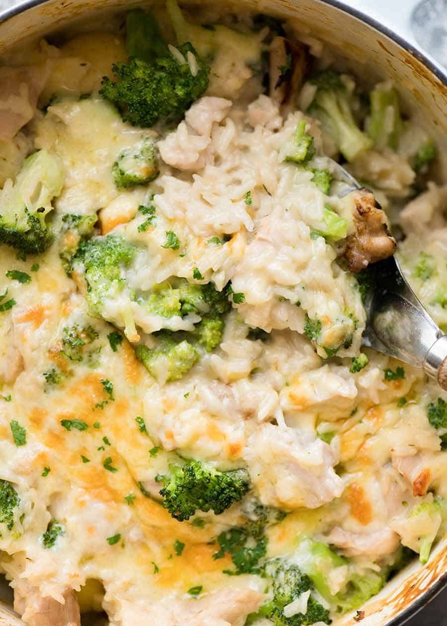 Overhead photo of Chicken Broccoli Rice Casserole, fresh off the stove