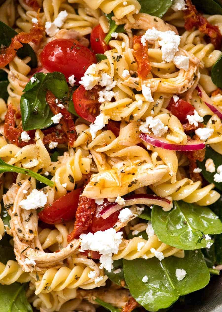 Close up of Pasta Salad with Chicken and Sun Dried Tomato