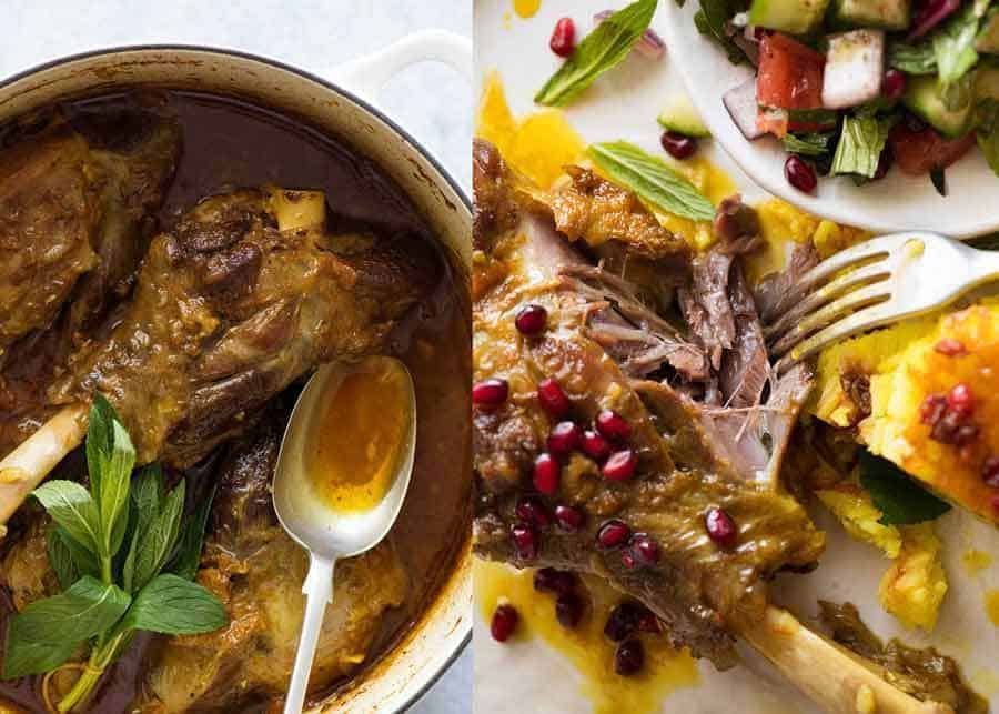 Braised lamb shanks in a delicately spiced, well seasoned broth. A beautiful traditional Persian recipe.