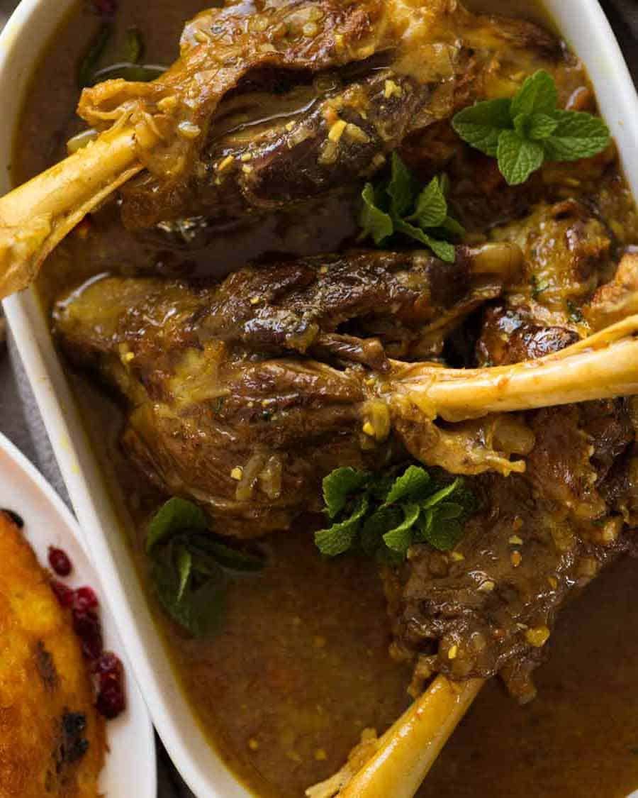 Slow cooked braised lamb shanks in a delicately spiced, well seasoned broth. A beautiful traditional Persian recipe.