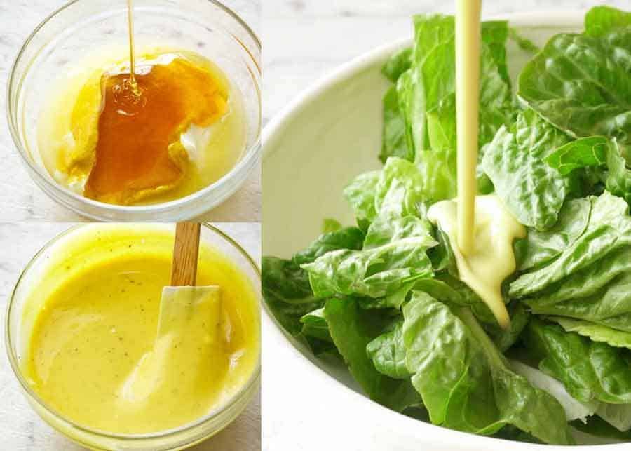 Oil Free Honey Mustard Dressing being poured over lettuce
