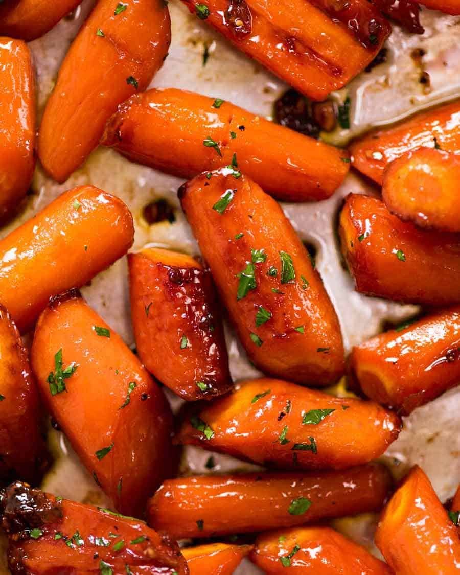 Close up overhead of Brown Sugar Glazed Carrots, fresh out of the oven
