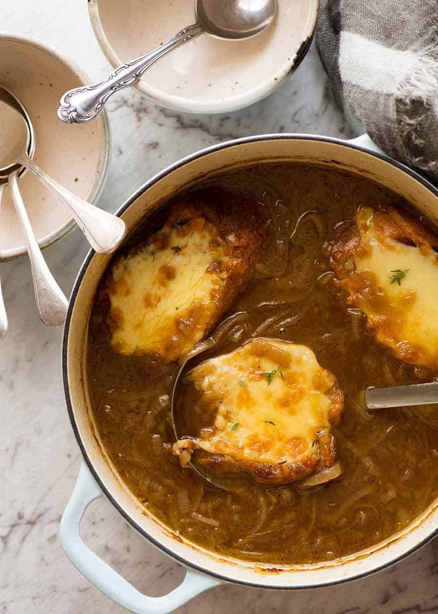 Pot of French Onion Soup, fresh off the stove
