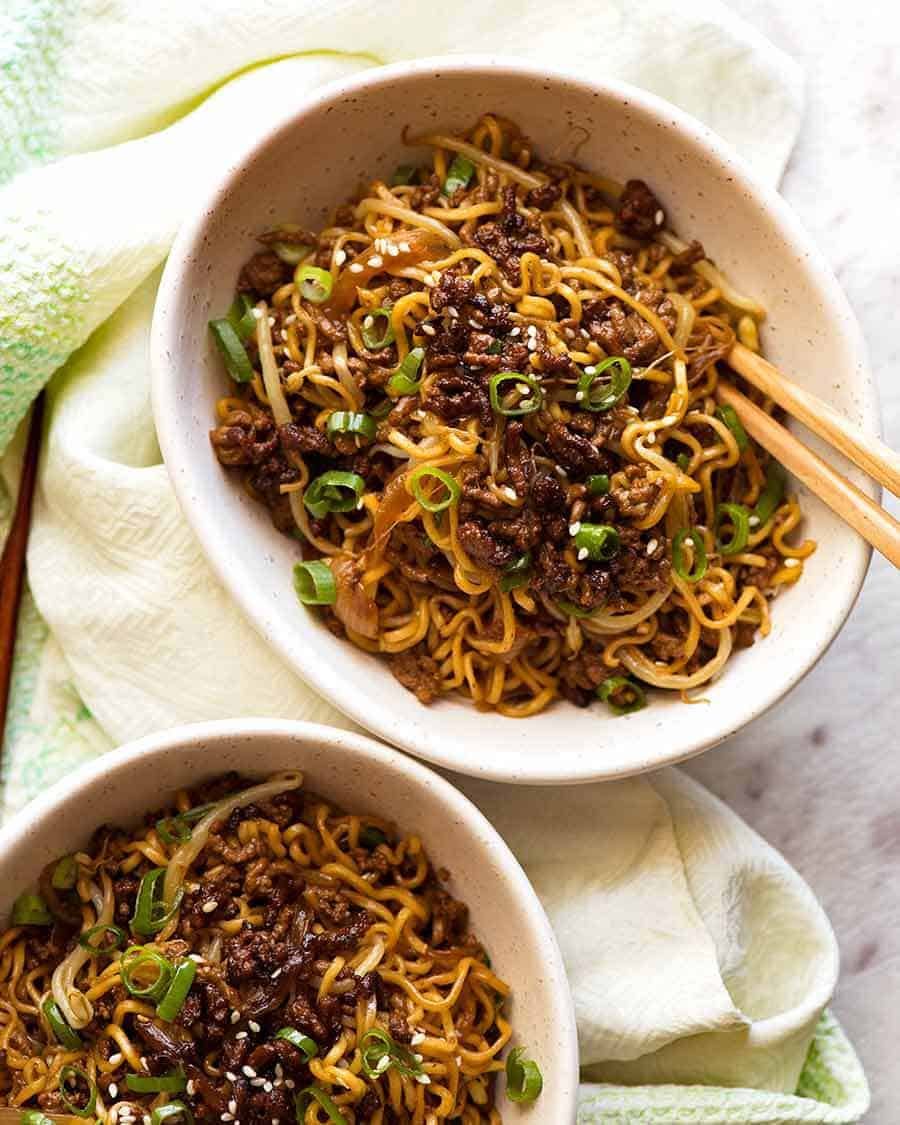 Overhead photo of Quick Asian Beef Ramen Noodles in bowls, ready to be eaten