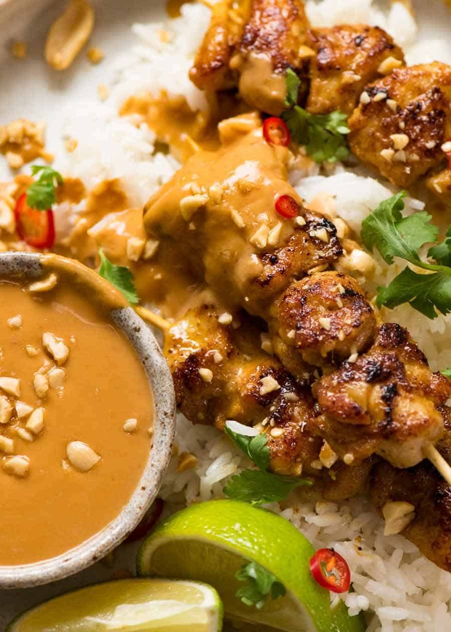 Close up of Chicken Satay with Thai Peanut Sauce