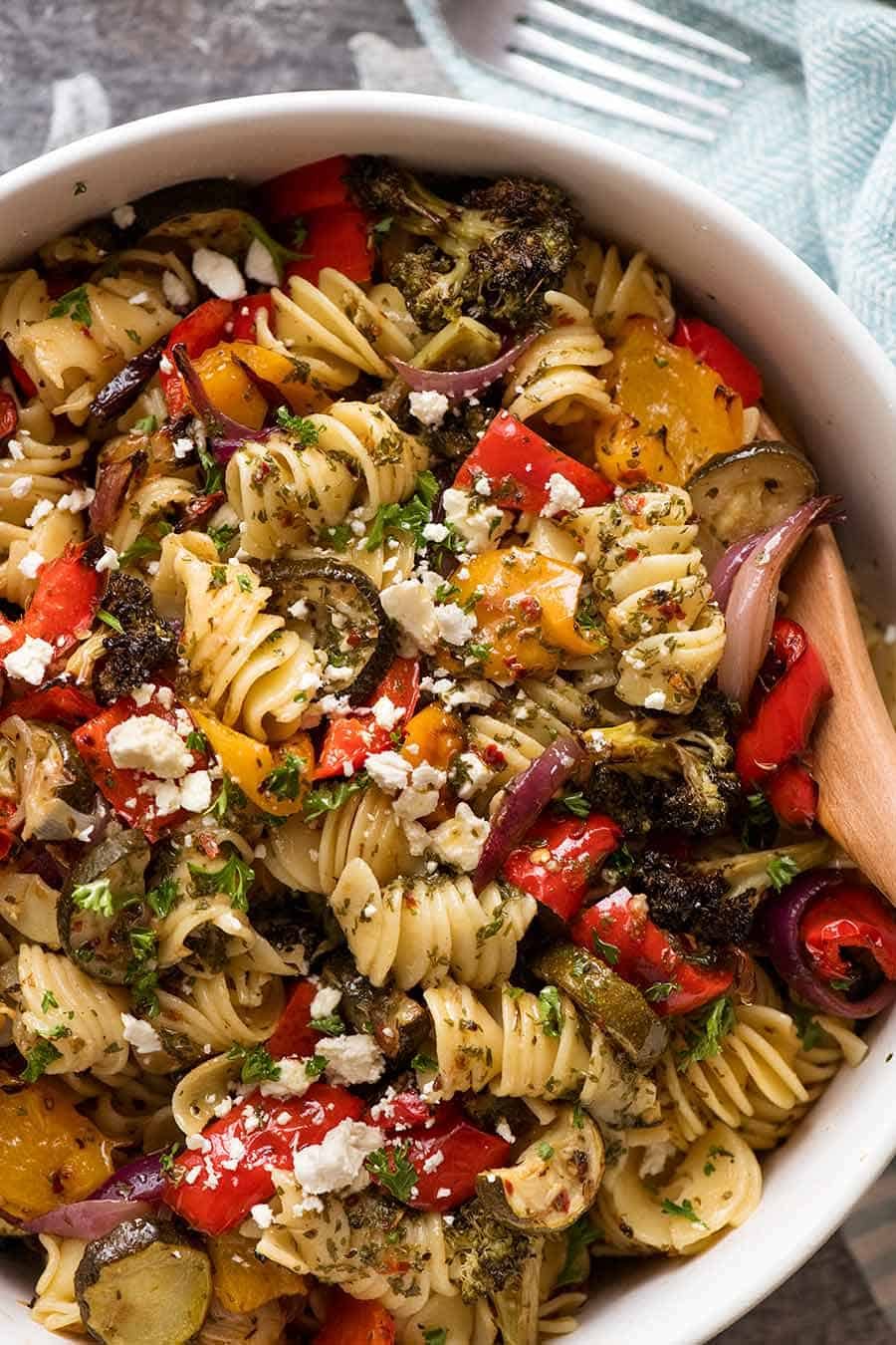 Overhead photo of marinated Vegetable Pasta Salad