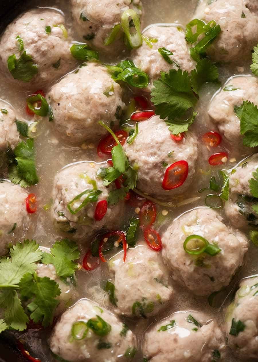 Overhead close up photo of Vietnamese Pork Meatballs for Banh Mi Vietnamese Sandwich