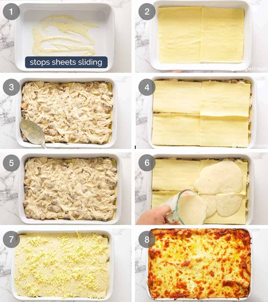 Assembling White Chicken Lasagna
