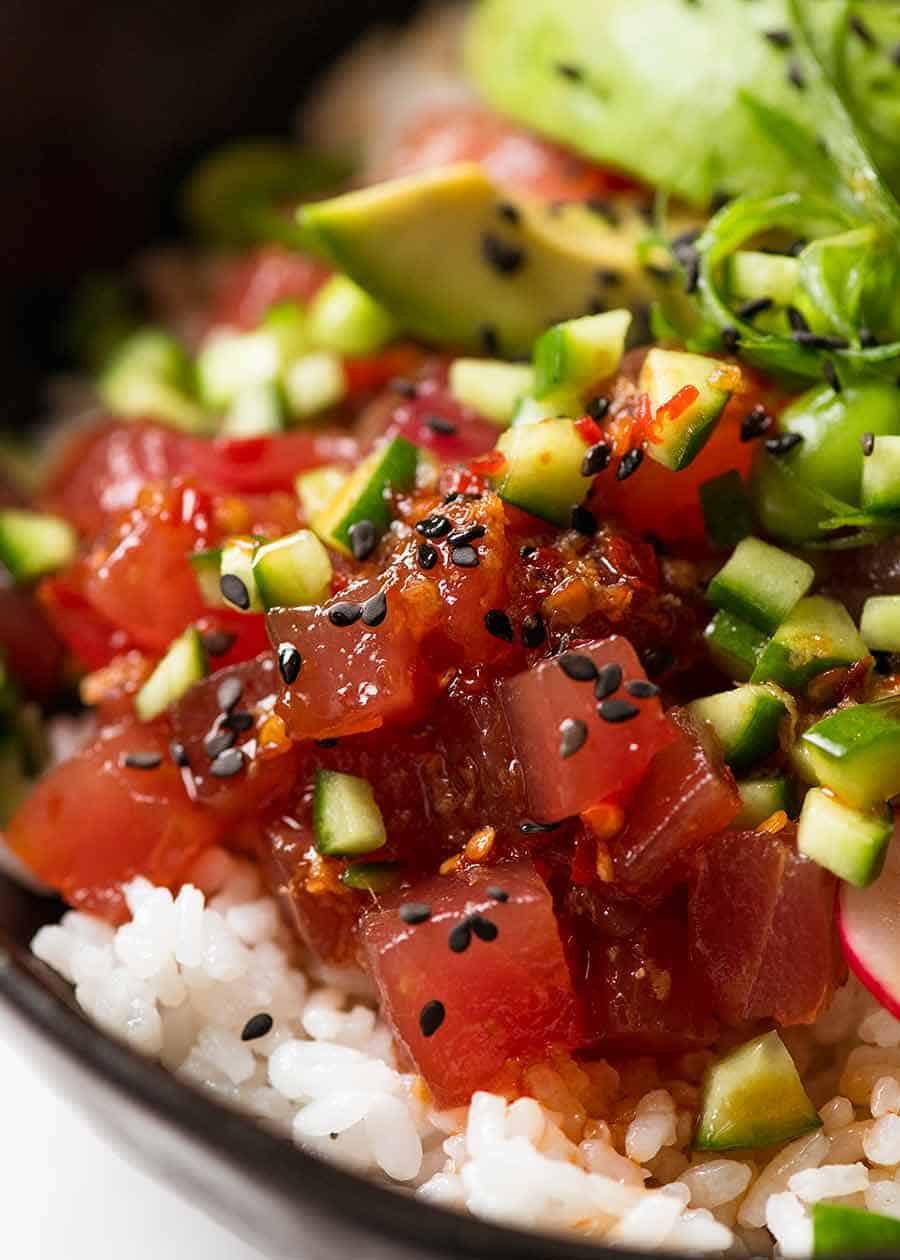 Close up of raw tuna in Tuna Poke Bowl