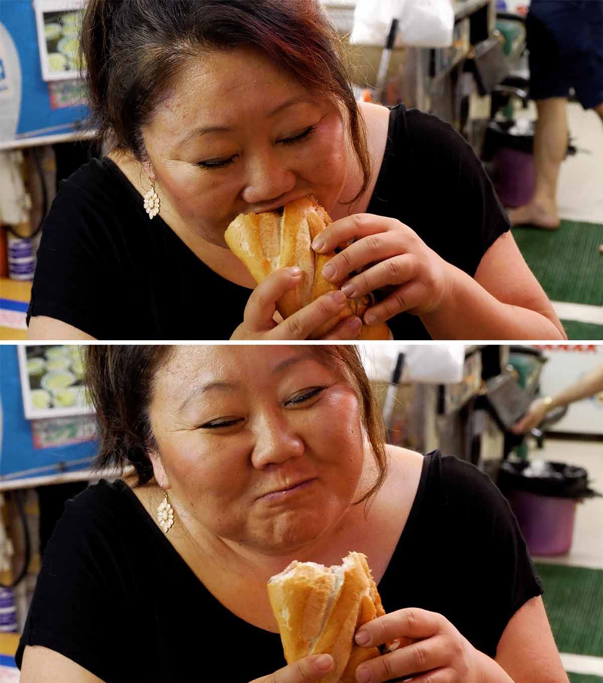 Nagi eating best Banh Mi in Vietnam - Banh Mi Sau Le