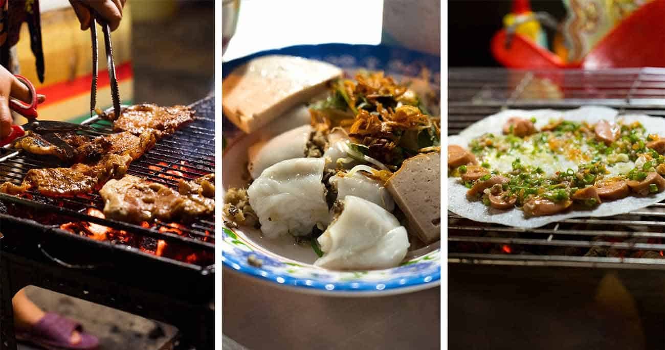 Grilled Pork, Soft Rice Paper Rolls and Crispy Rice Pancakes at Street Food Ghetto in Ho Chi Minh City, Vietnam