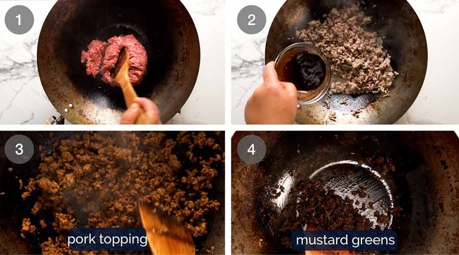 Cooking pork topping for Dan Dan Noodles