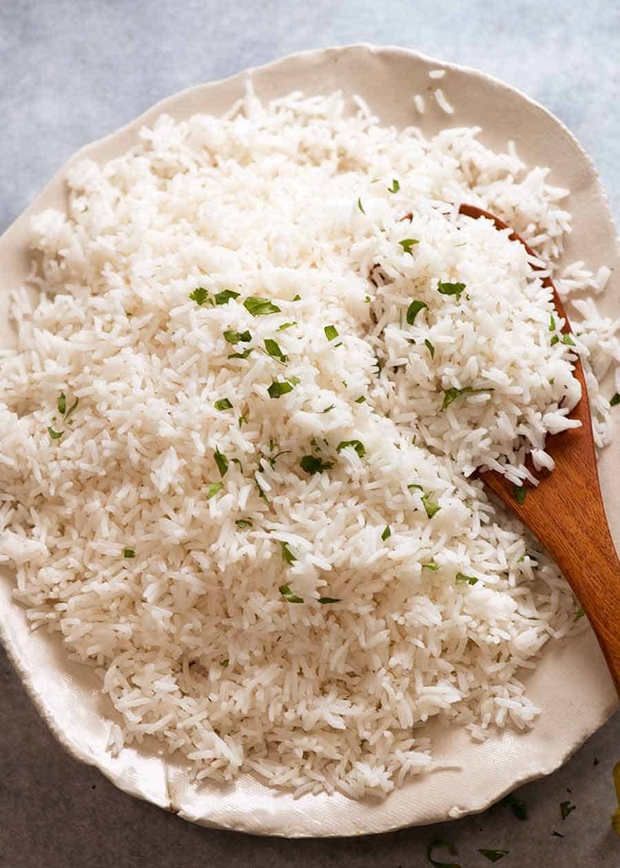 Overhead photo of Basmati Rice in a dish, ready to be served