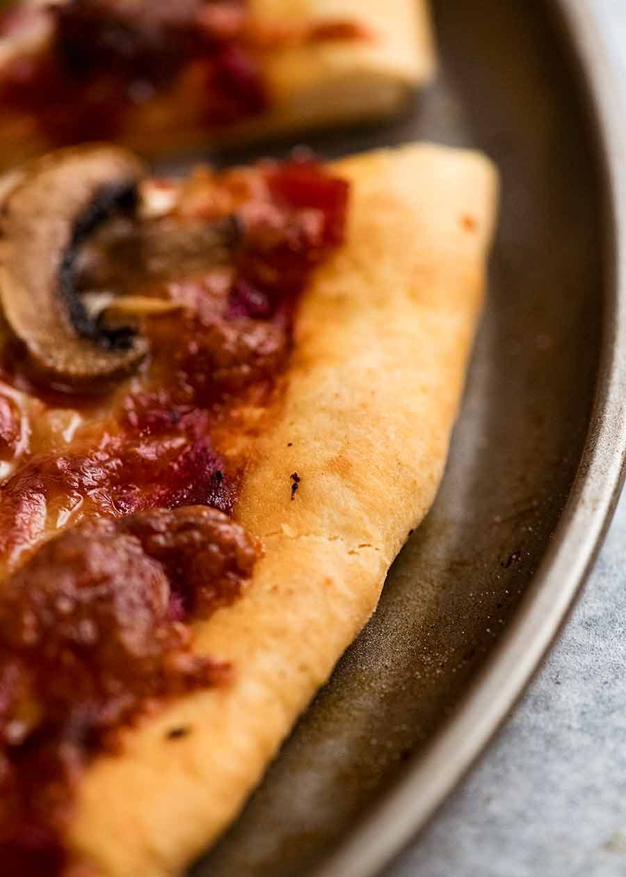 Close up of crust of no yeast pizza