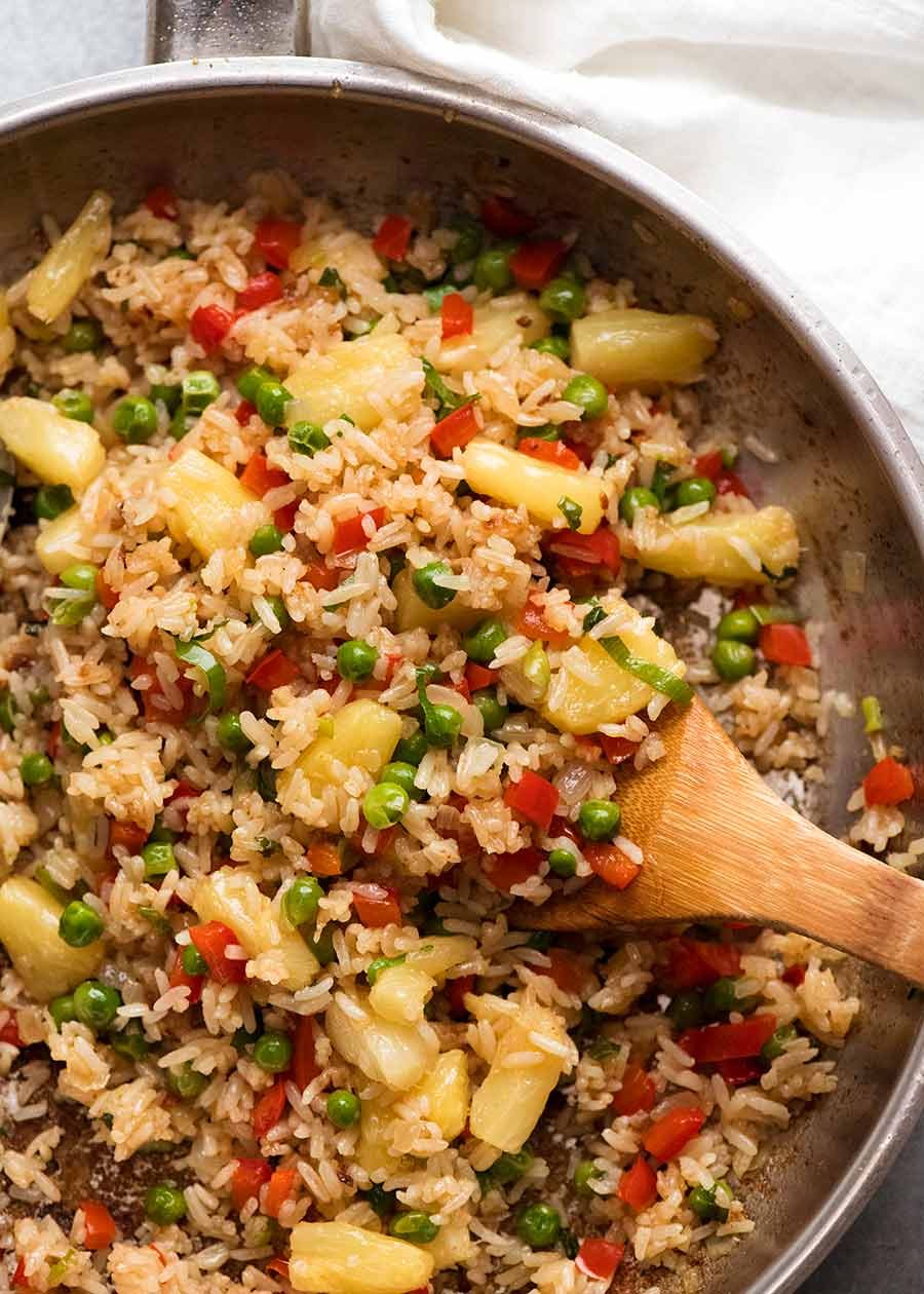 Skillet filled with Pineapple Fried Rice (Thai)