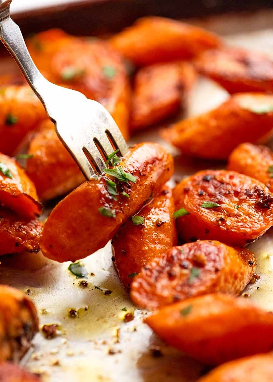 Fork picking up Roasted Carrots