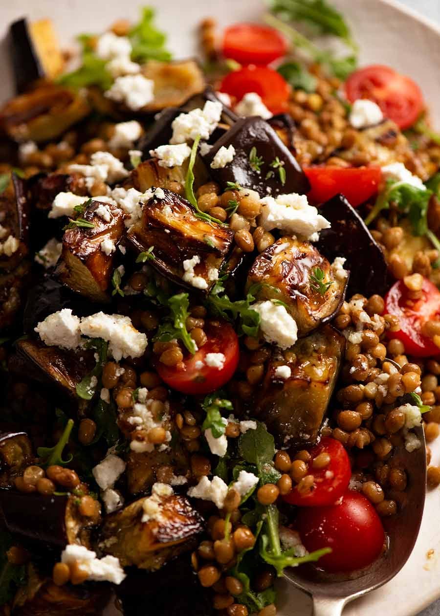 Close up of Roasted Eggplant Lentil Salad