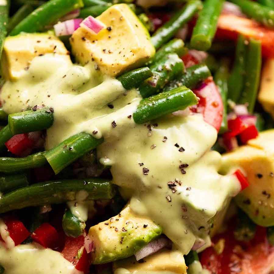 Close up of Green Bean Avocado Salad with Avocado Dressing