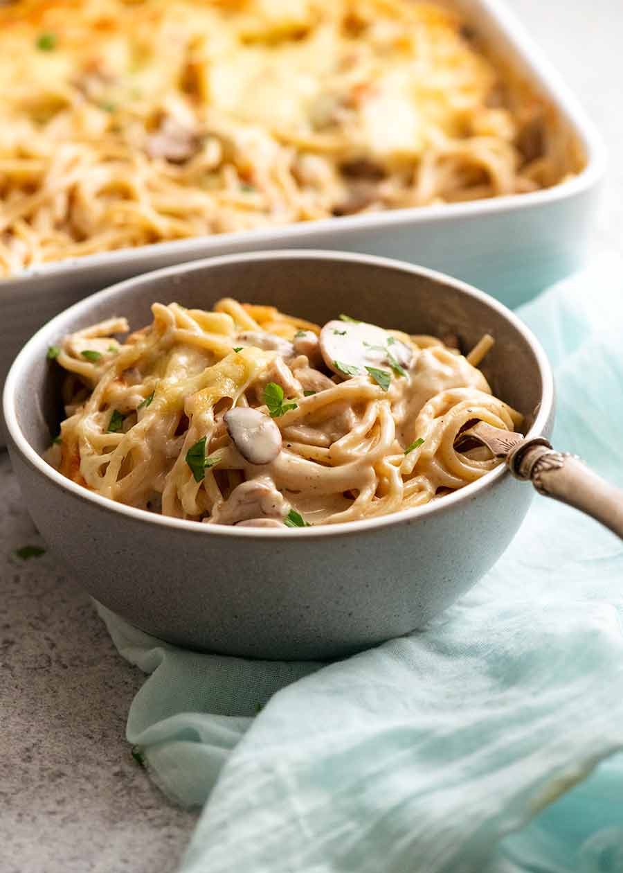 Bowl of Chicken Tetrazzini - creamy chicken mushroom pasta bake - ready to be eaten