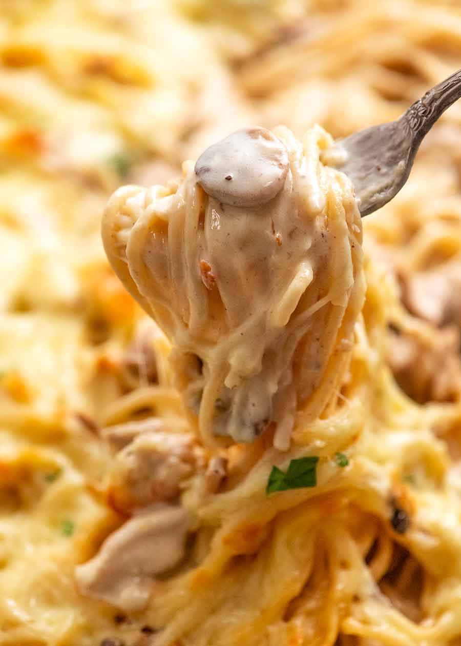 Fork lifting up Chicken Tetrazzini - creamy chicken mushroom pasta bake
