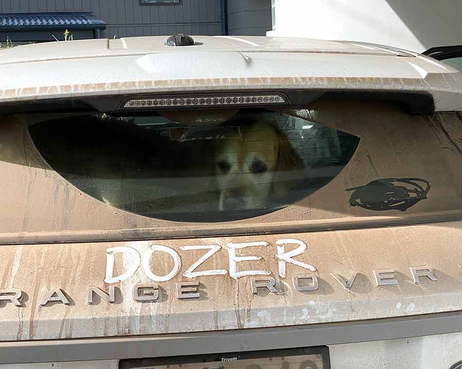 Dirty car with Dozer's name written on it